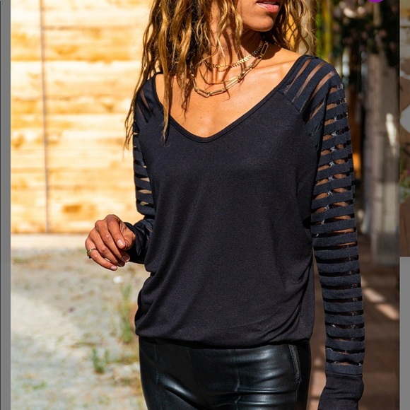 NWT Women’s Black Sheer-Stripe Sleeve V-Neck Top - Picture 7 of 7